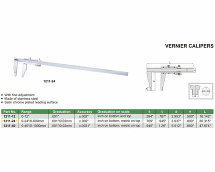 INSIZE Measuring Equipment Insize Vernier Caliper 0-600mm/0-24" Range Series 1211-24