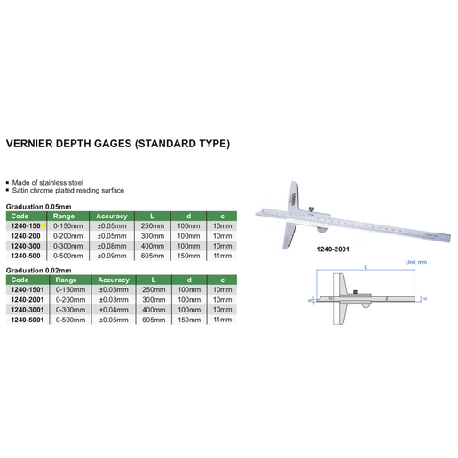INSIZE Measuring Equipment Insize Vernier Depth Gauge 0-150mm Range Series 1240-150