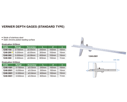 INSIZE Measuring Equipment Insize Vernier Depth Gauge 0-200mm Range Series 1240-200