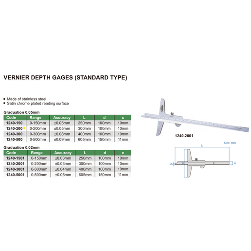 INSIZE Measuring Equipment Insize Vernier Depth Gauge 0-200mm Range Series 1240-200