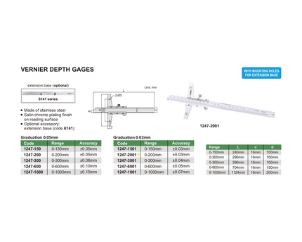 INSIZE Measuring Equipment Insize Vernier Depth Gauge 0-200mm Range Series 1247-2001