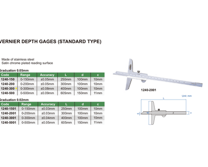 INSIZE Measuring Equipment Insize Vernier Depth Gauge 0-300mm Range Series 1240-300