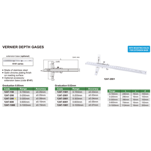 INSIZE Measuring Equipment Insize Vernier Depth Gauge 0-300mm Range Series 1247-300