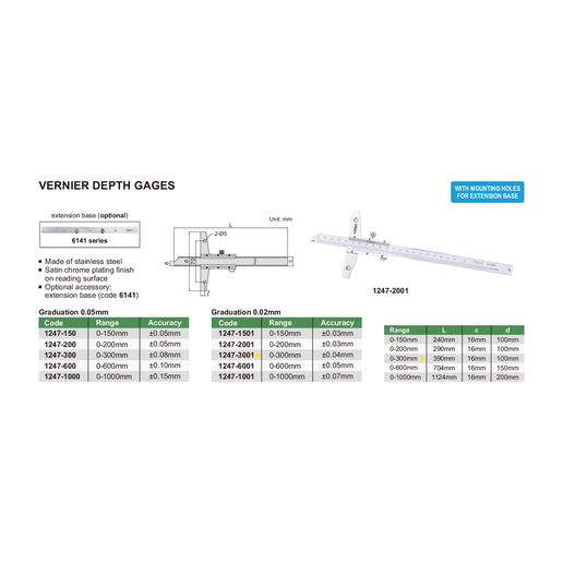 INSIZE Measuring Equipment Insize Vernier Depth Gauge 0-300mm Range Series 1247-3001