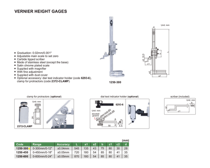 INSIZE Measuring Equipment Insize Vernier Height Gauge 0-300mm / 0-12" Range Series 1250-300