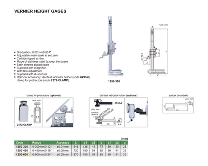 INSIZE Measuring Equipment Insize Vernier Height Gauge 0-600mm / 0-24" Range Series 1250-600