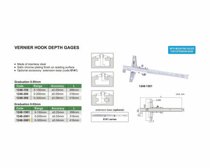 INSIZE Measuring Equipment Insize Vernier Hook Depth Gauge 0-300mm Range Series 1248-3001