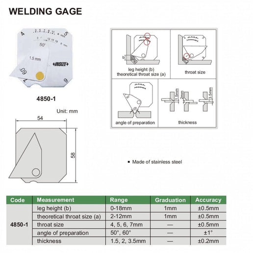 INSIZE Measuring Equipment Insize Welding Gauge Series 4850-1